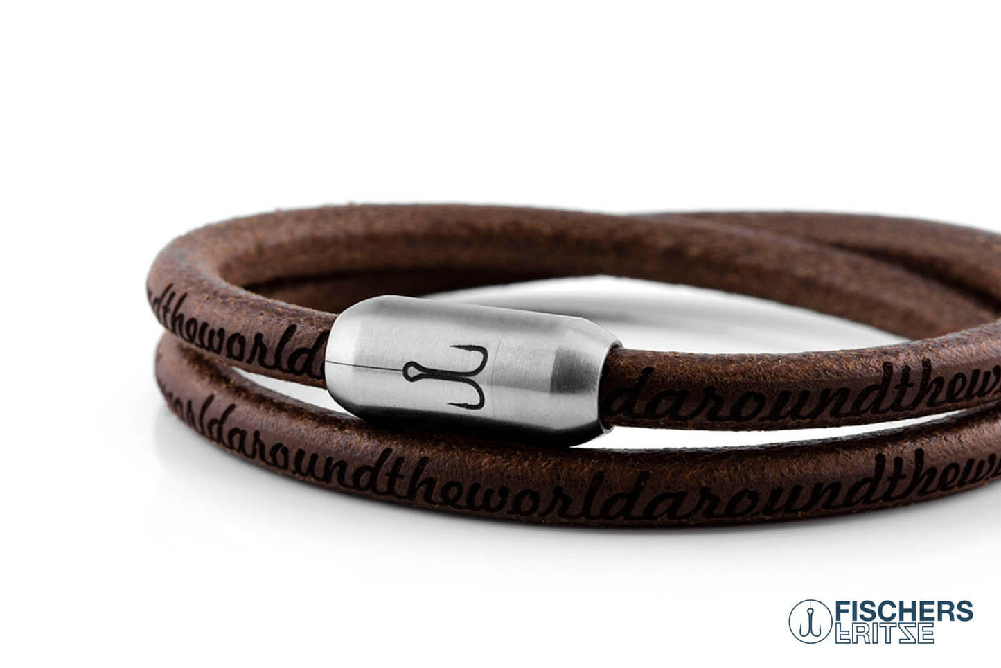 Armband Fischers Fritze Garnele Leder braun Gravur Edelstahl