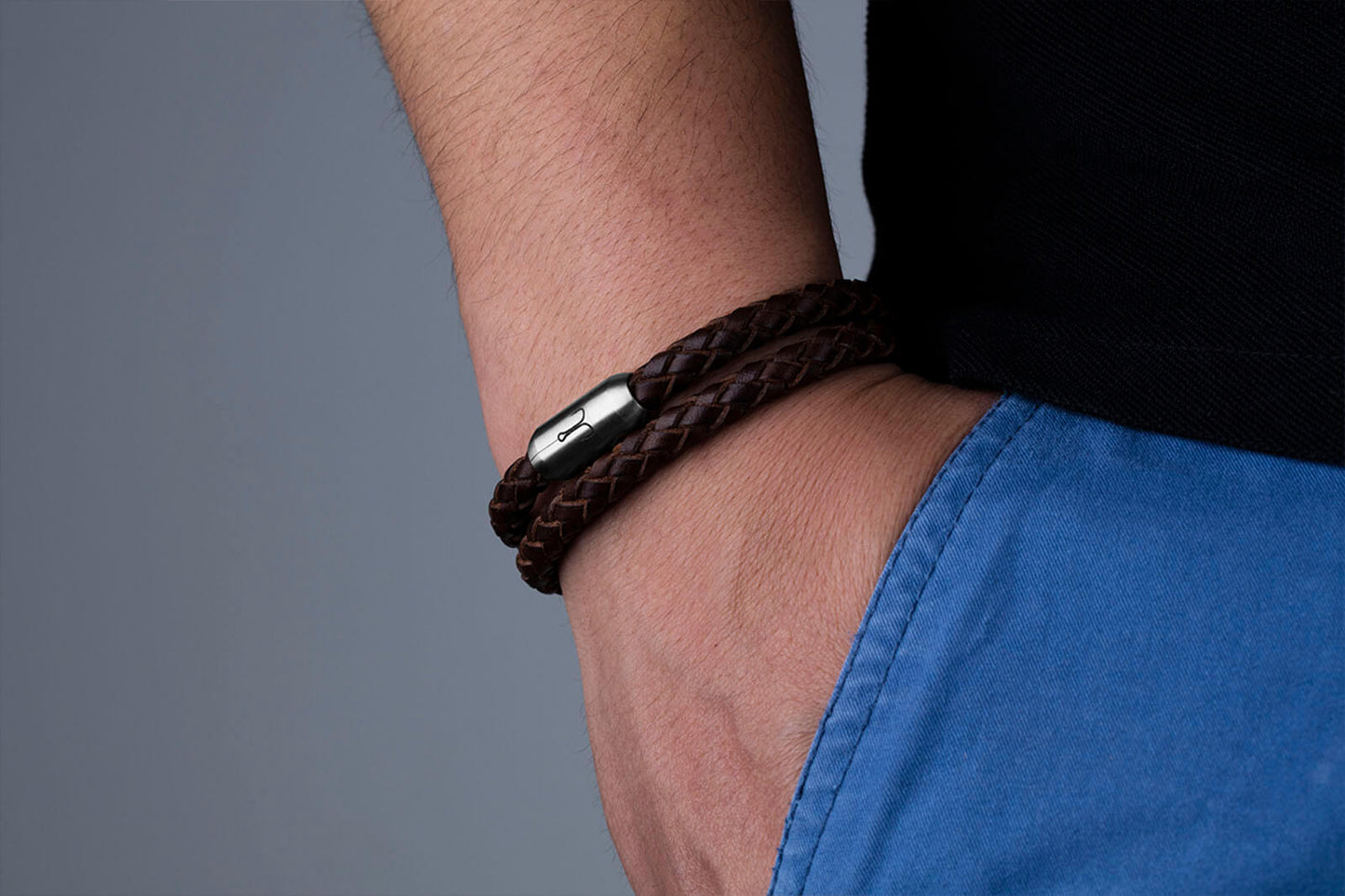 Armband Fischers Fritze Garnele braun Leder geflochten edelstahl Gravur