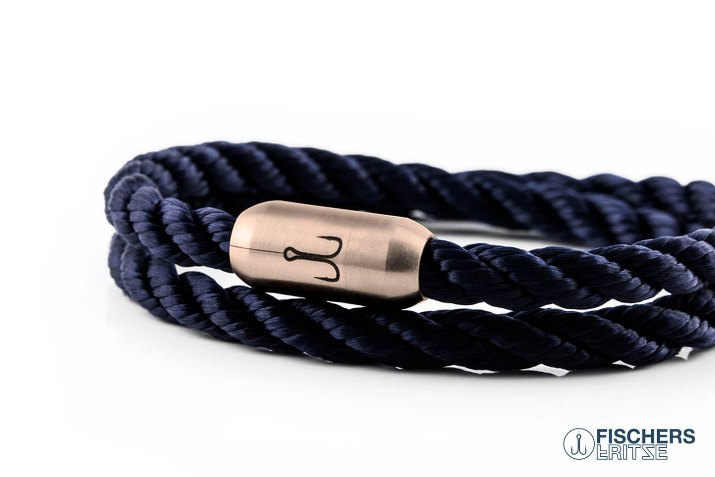 Wickelarmband Fischers Fritze, Garnele Segeltau marineblau gedreht, Gravur Edelstahl-Magnetverschluss rosegold