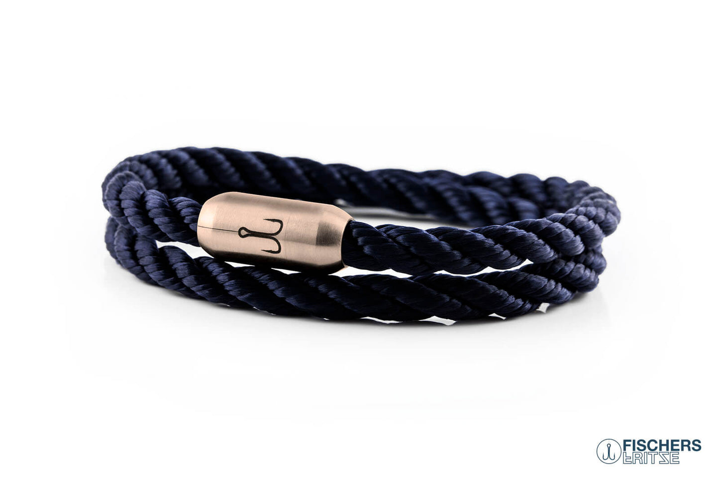 Wickelarmband Fischers Fritze, Koenigsgarnele Segeltau marineblau gedreht, Gravur Edelstahl-Magnetverschluss rosegold