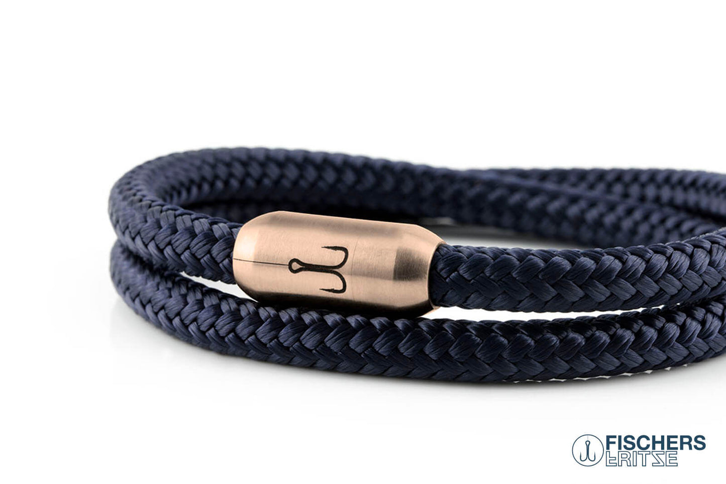 Wickelarmband Fischers Fritze, Garnele Segeltau marineblau, Gravur Edelstahl-Magnetverschluss rosegold