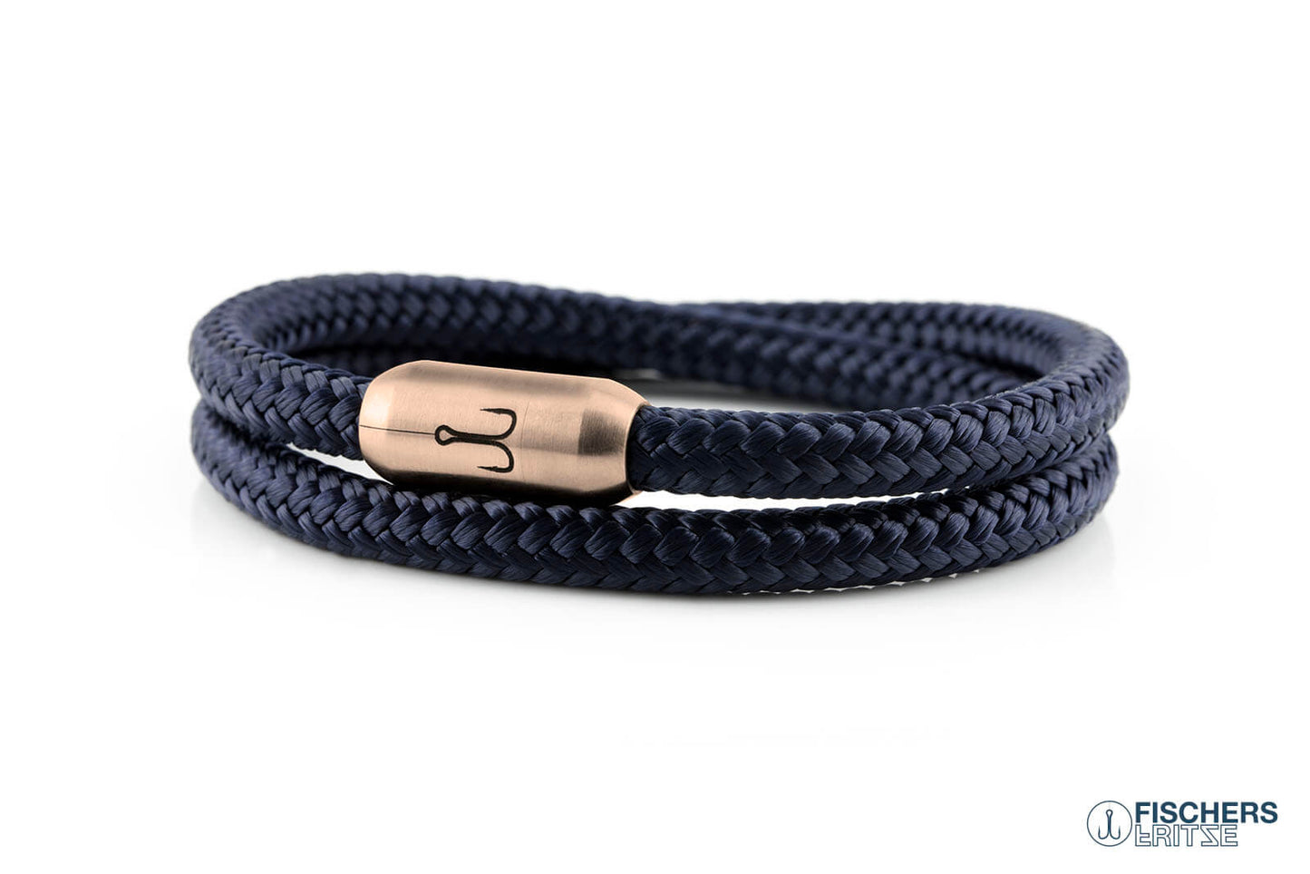 Wickelarmband Fischers Fritze, Koenigsgarnele Segeltau marineblau, Gravur Edelstahl-Magnetverschluss rosegold