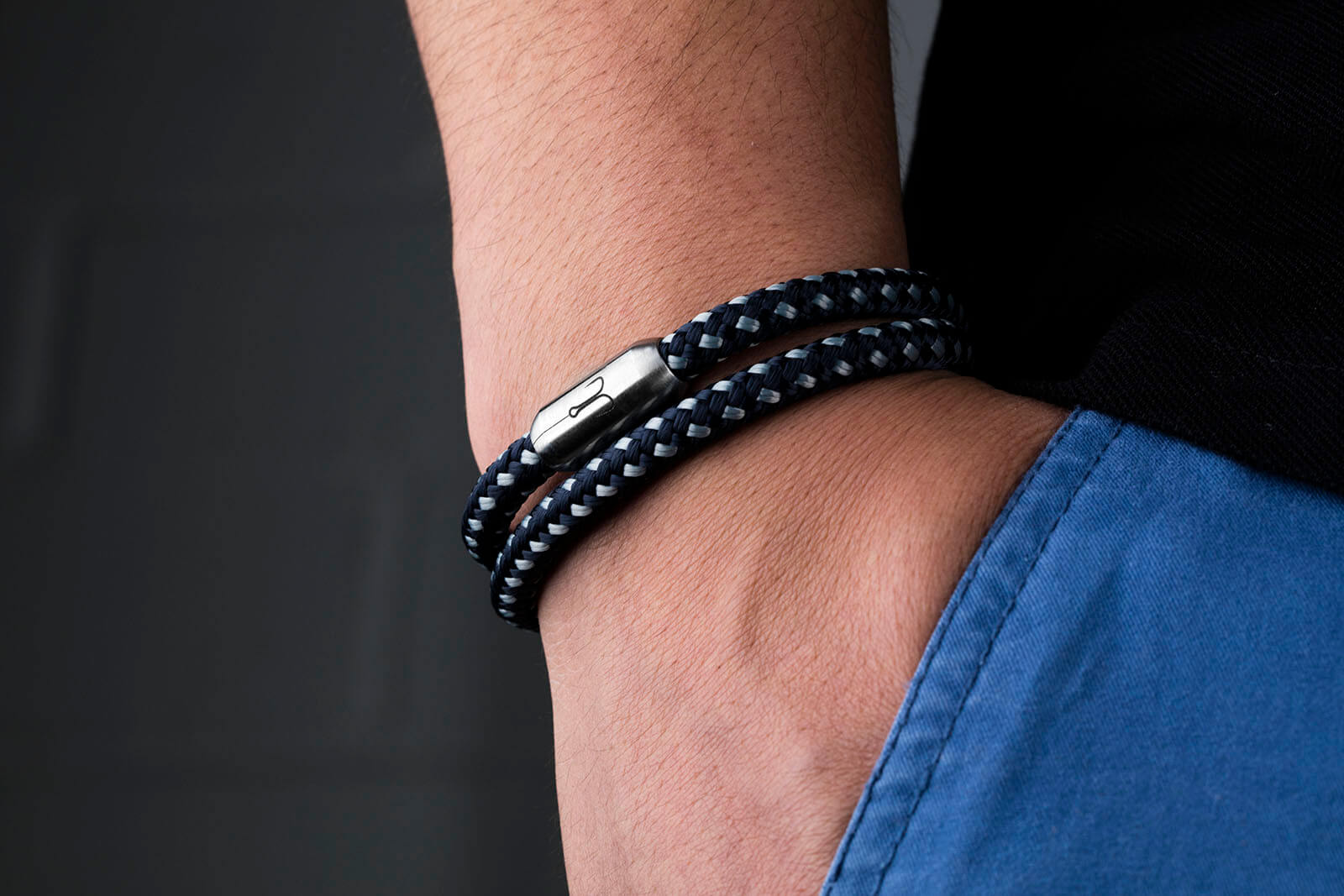 Armband Fischers Fritze Garnele Segeltau Gravur marineblau silbergrau