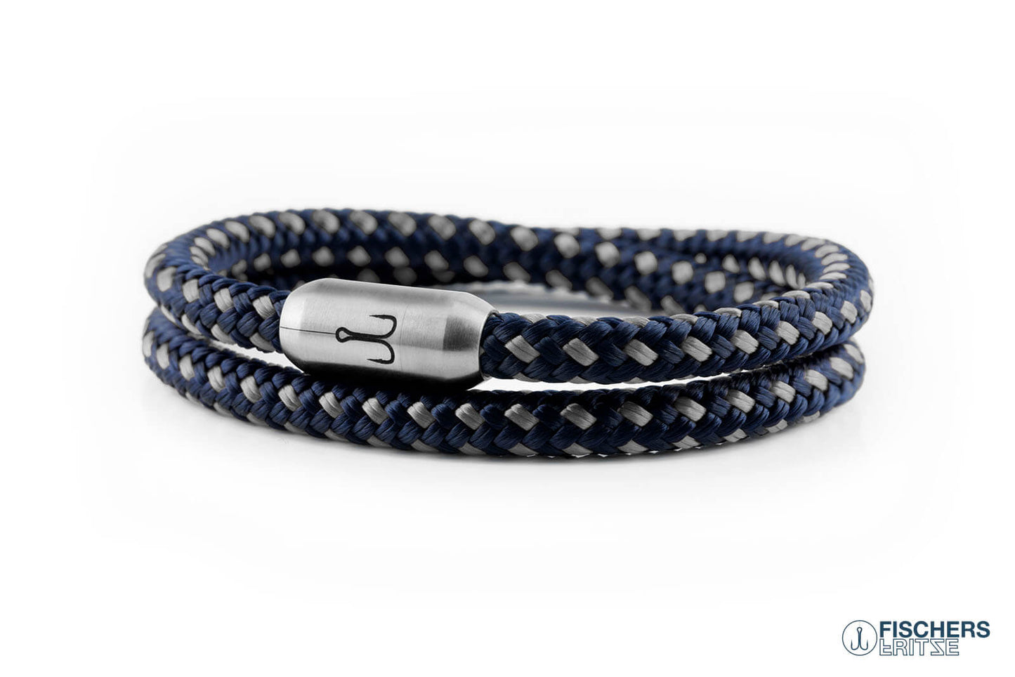 Wickelarmband Fischers Fritze, Garnele Segeltau marineblau silbergrau, Gravur Edelstahl-Magnetverschluss