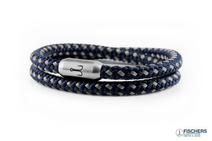 Wickelarmband Fischers Fritze, Garnele Segeltau marineblau silbergrau, Gravur Edelstahl-Magnetverschluss