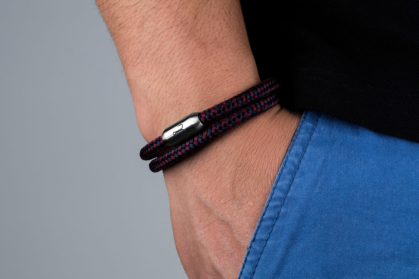 Magnetverschluss Armband Segeltau mit Fischers Fritze Angelhaken-Gravur auf Edelstahl