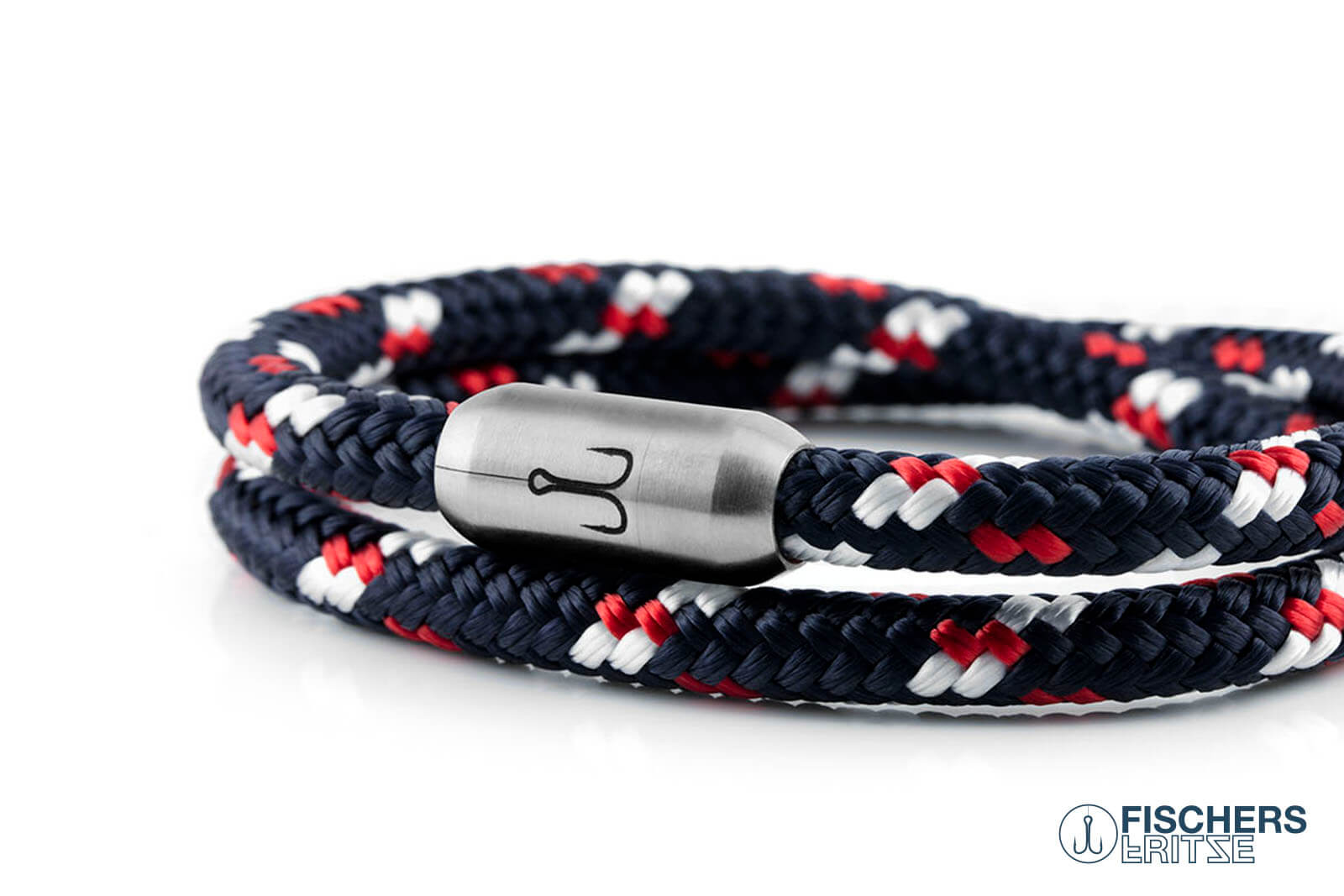 Wickelarmband Fischers Fritze, Garnele Segeltau marineblau rot weiss, Gravur Edelstahl-Magnetverschluss