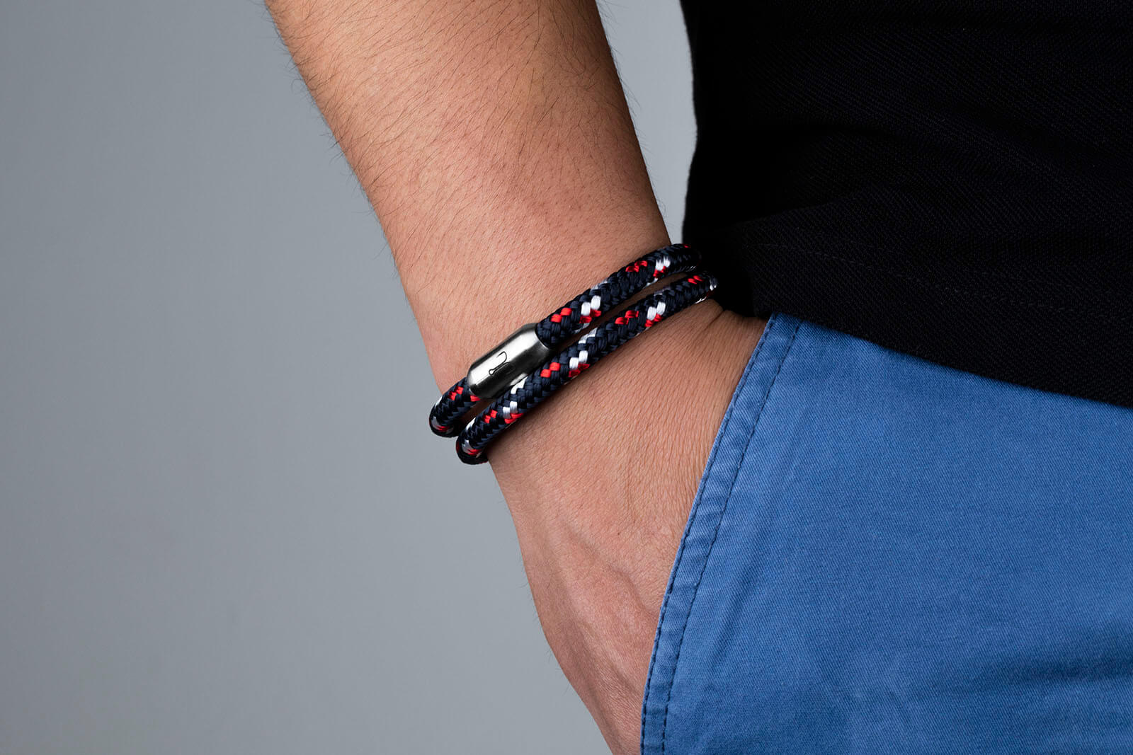 Magnetverschluss Armband Segeltau mit Fischers Fritze Angelhaken-Gravur auf Edelstahl