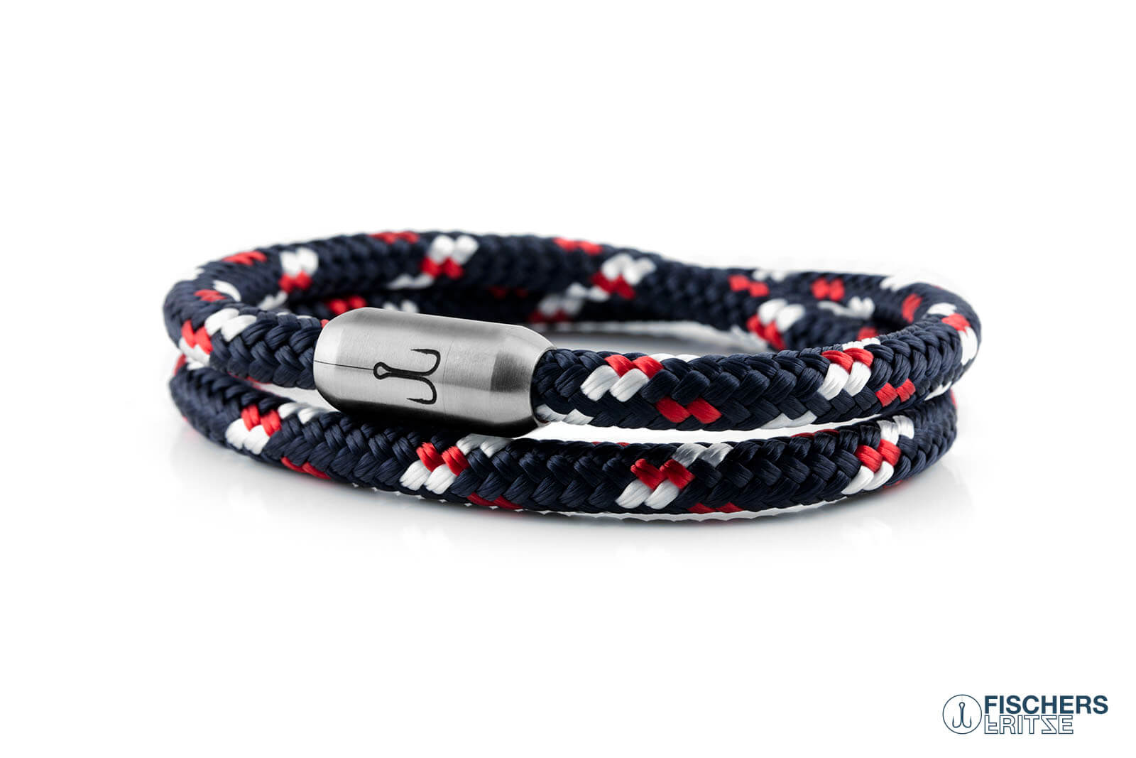 Wickelarmband Fischers Fritze, Garnele Segeltau marineblau rot weiss, Gravur Edelstahl-Magnetverschluss
