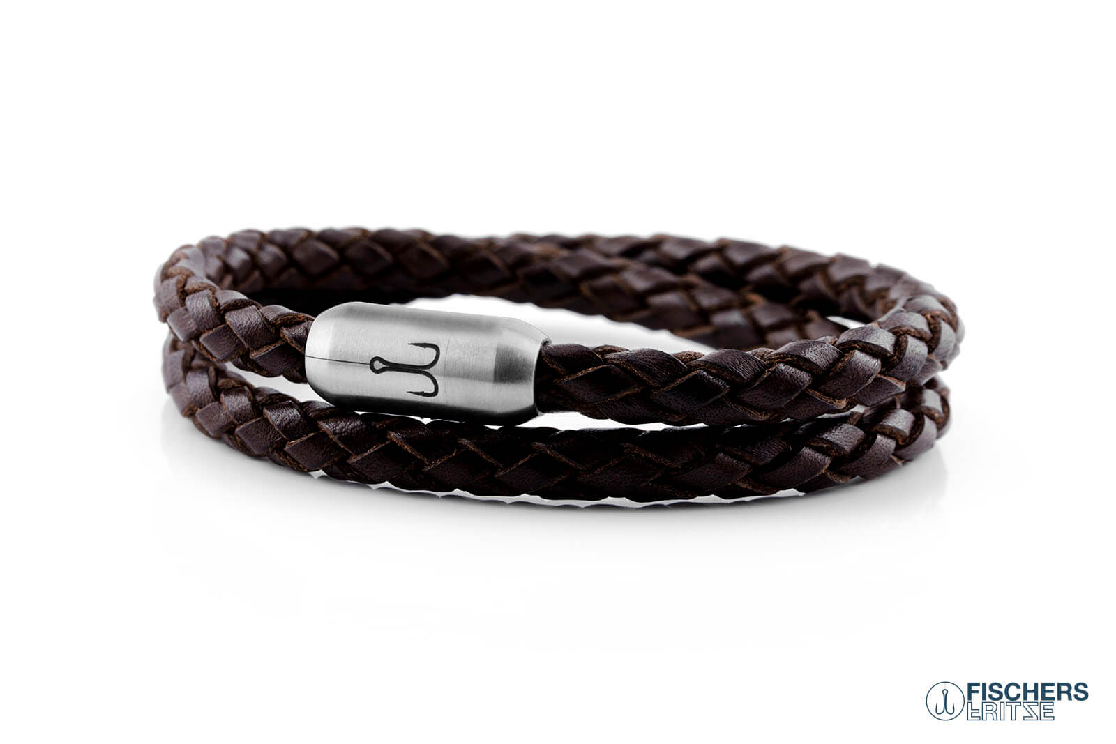 Armband Fischers Fritze Garnele Leder braun geflochten Gravur edelstahl
