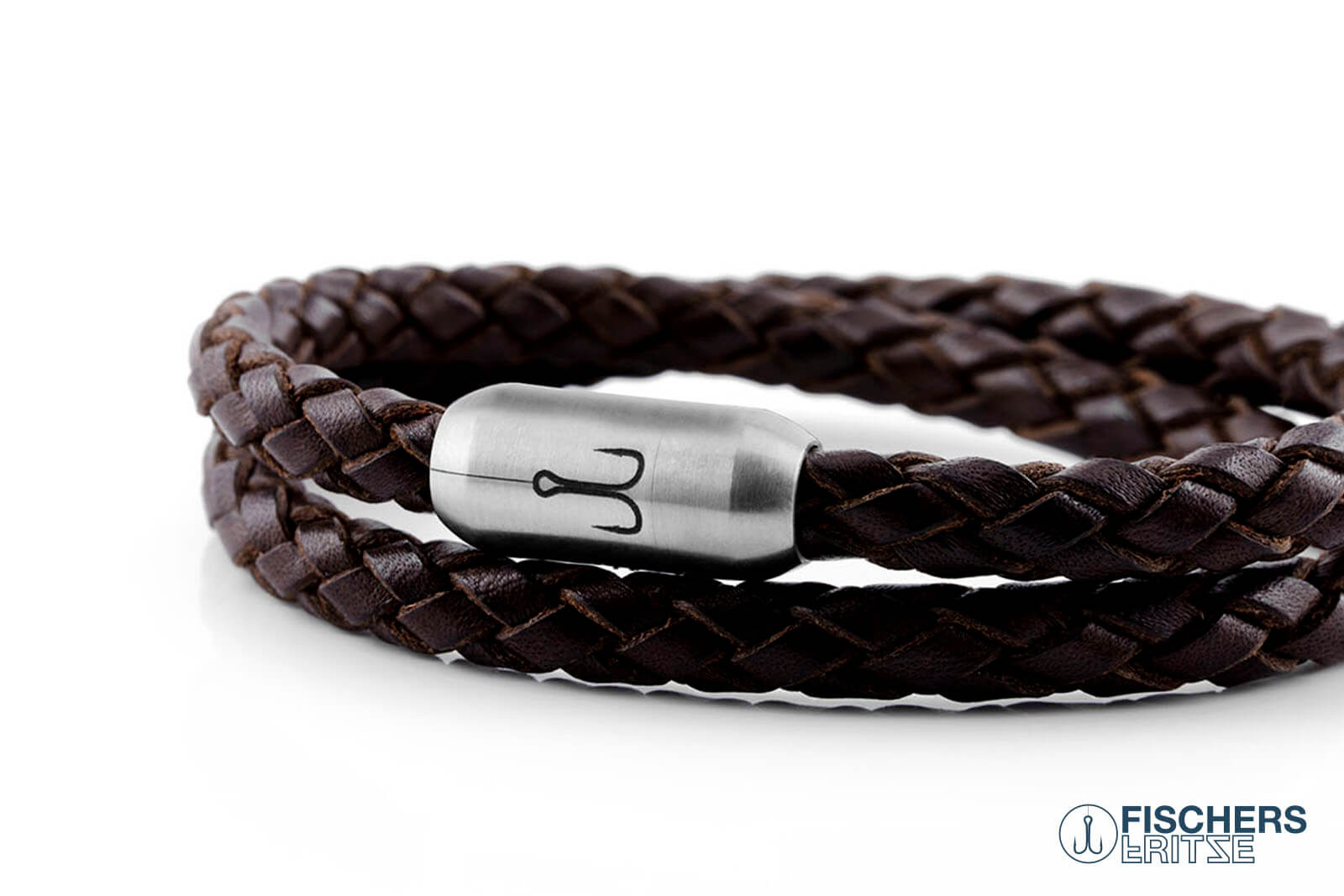 Armband Fischers Fritze Garnele braun Leder edelstahl geflochten Gravur
