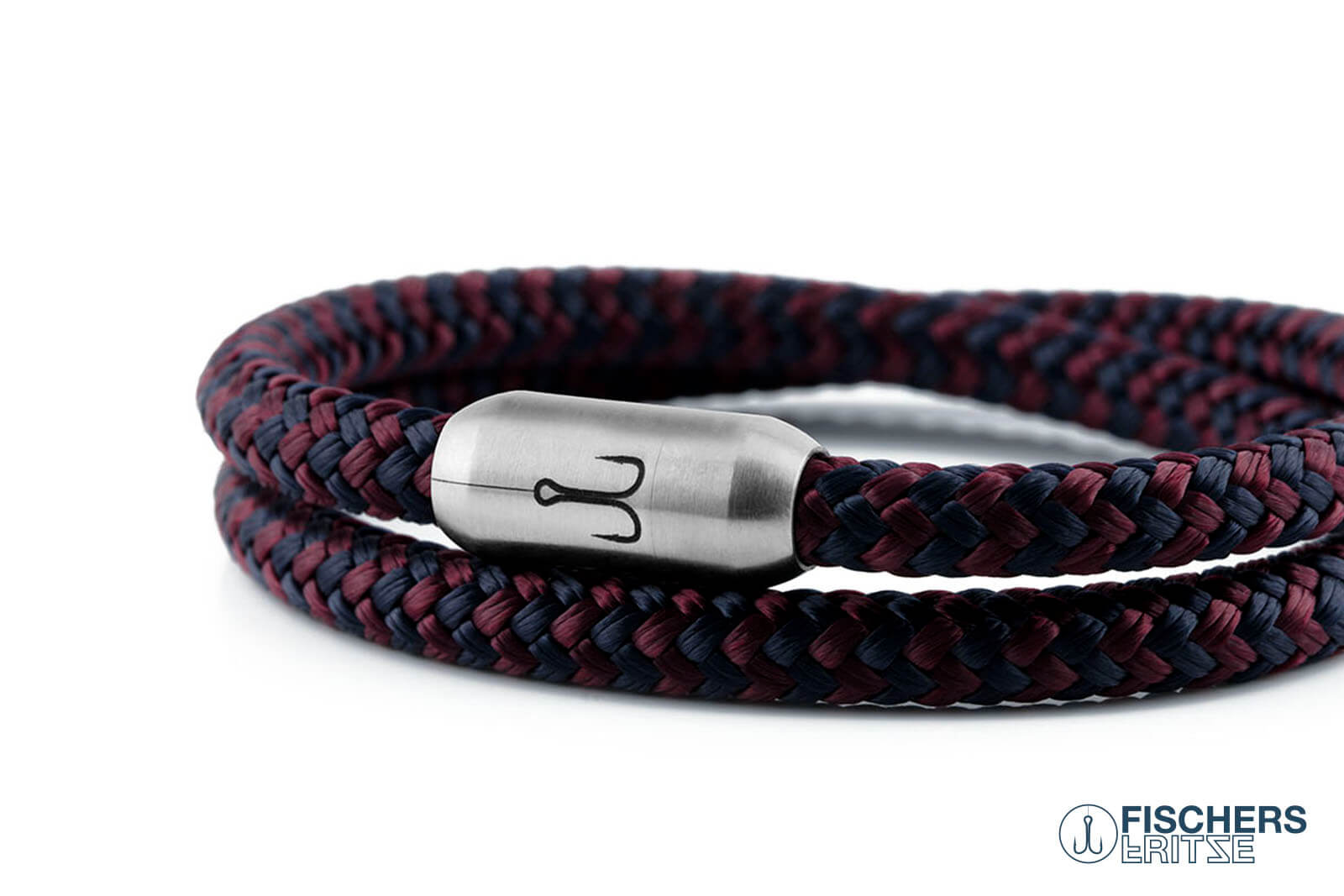 Wickelarmband Fischers Fritze, Garnele Segeltau marineblau dunkelrot, Gravur Edelstahl-Magnetverschluss