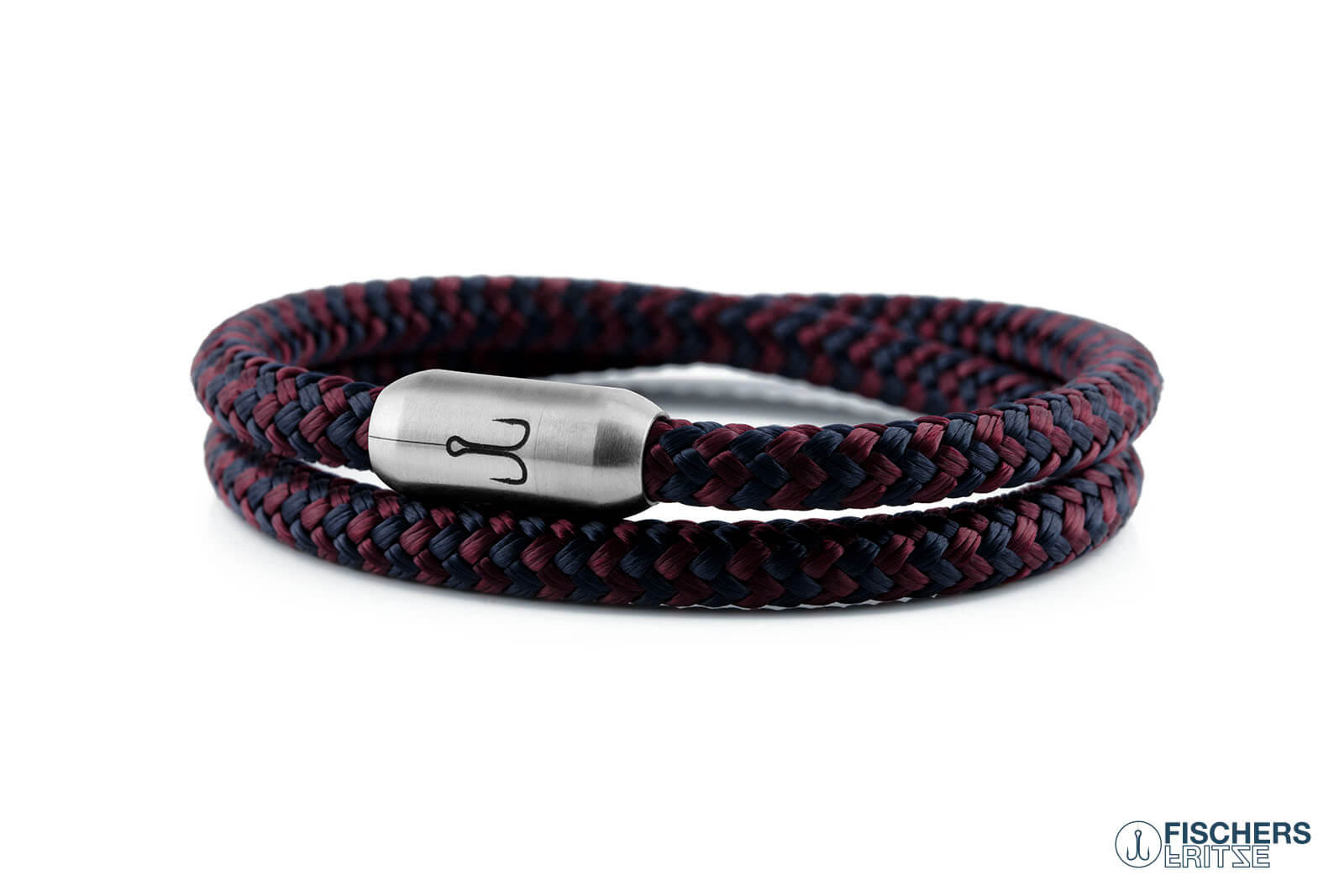 Wickelarmband Fischers Fritze, Garnele Segeltau marineblau dunkelrot, Gravur Edelstahl-Magnetverschluss