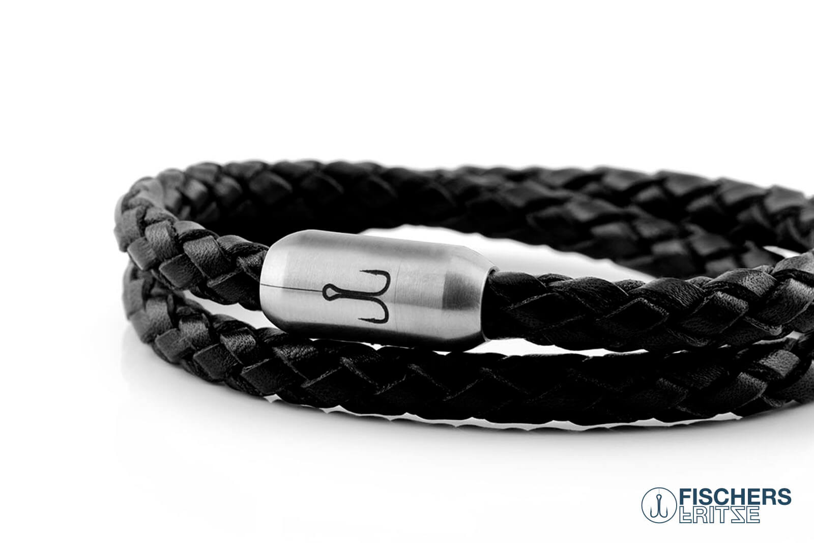 Armband Fischers Fritze Garnele schwarz Leder Gravur geflochten