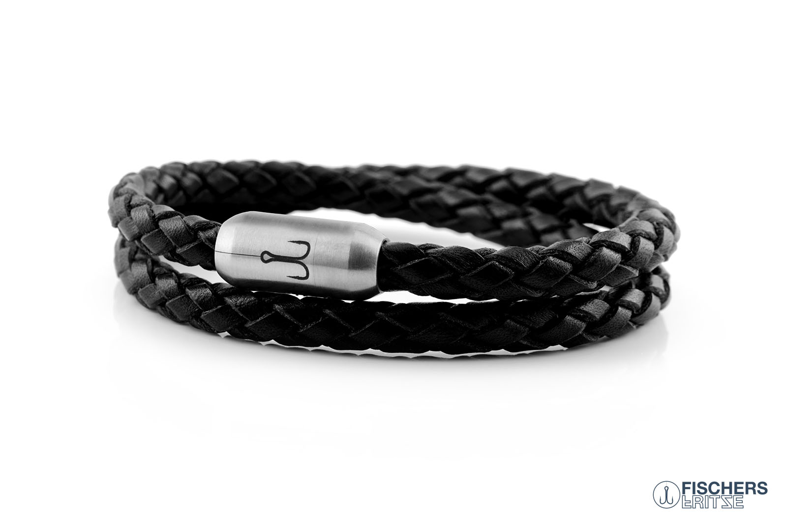 Wickelarmband Leder schwarz geflochten, Fischers Fritze Garnele, Gravur Edelstahl-Magnetverschluss