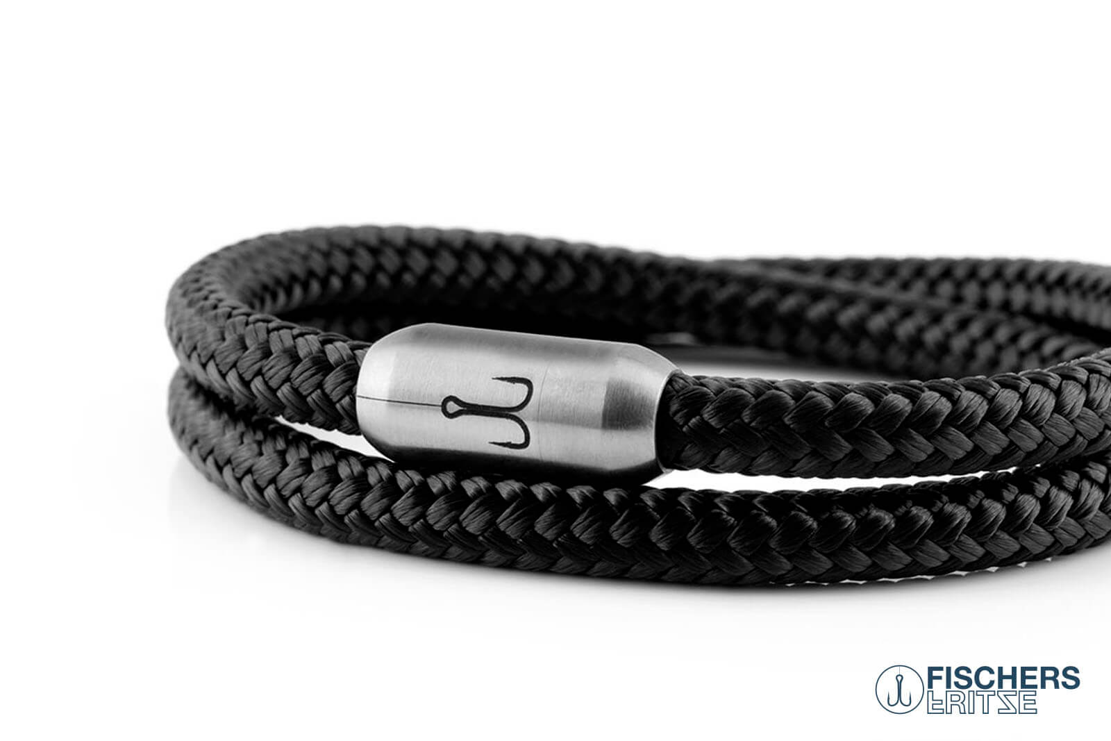 Wickelarmband Fischers Fritze, Garnele Segeltau schwarz, Gravur Edelstahl-Magnetverschluss