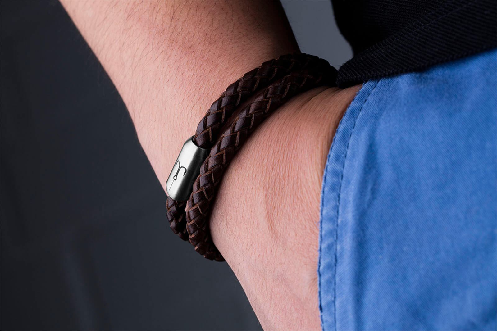 Armband Fischers Fritze Garnele braun Leder geflochten Gravur edelstahl