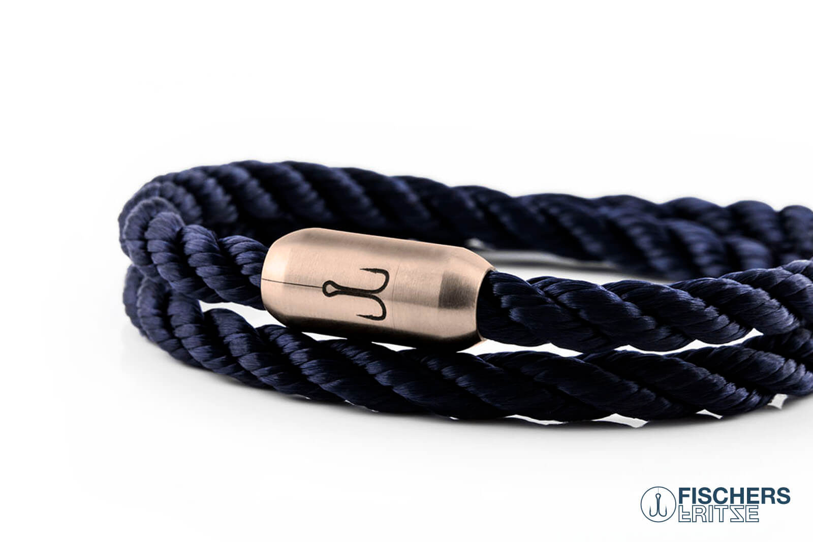 Wickelarmband Fischers Fritze, Garnele Segeltau marineblau gedreht, Gravur Edelstahl-Magnetverschluss rosegold