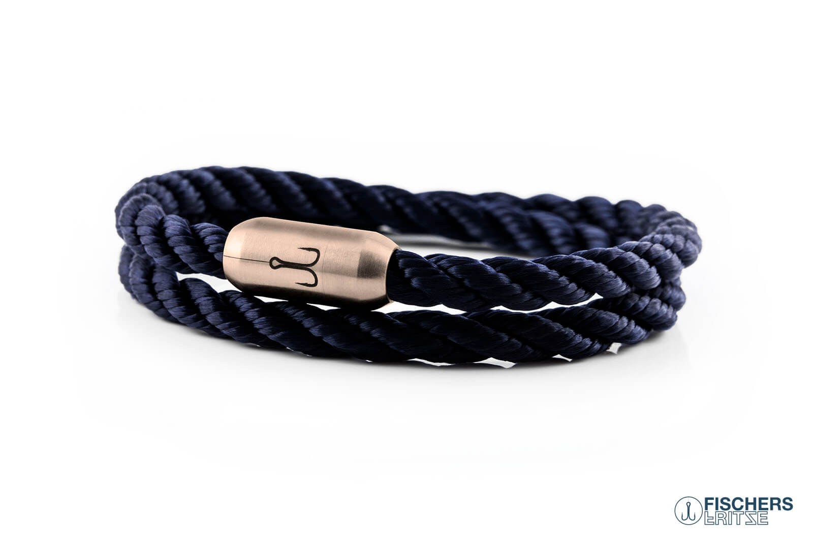 Wickelarmband Fischers Fritze, Koenigsgarnele Segeltau marineblau gedreht, Gravur Edelstahl-Magnetverschluss rosegold