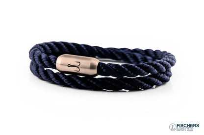 Wickelarmband Fischers Fritze, Koenigsgarnele Segeltau marineblau gedreht, Gravur Edelstahl-Magnetverschluss rosegold
