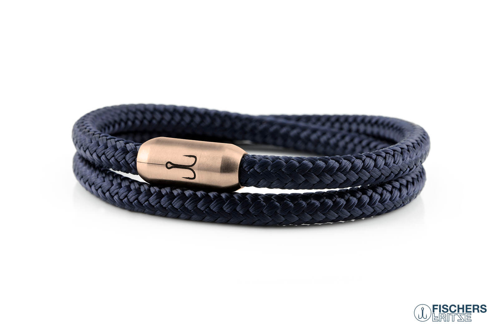 Wickelarmband Fischers Fritze, Koenigsgarnele Segeltau marineblau, Gravur Edelstahl-Magnetverschluss rosegold