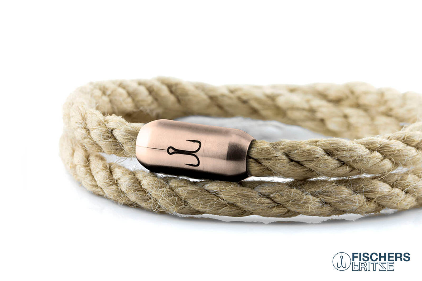 Wickelarmband Fischers Fritze, Koenigsgarnele Segeltau natur gedreht, Gravur Edelstahl-Magnetverschluss rosegold