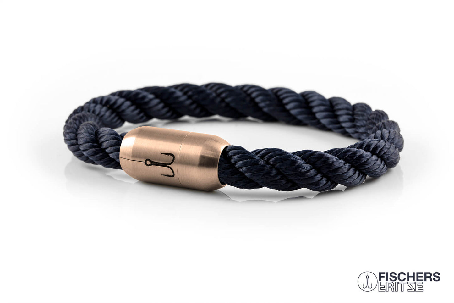Segeltau Armband marineblau gedreht, Koenigsmakrele mit rosegold Edelstahlverschluss und Gravur von Fischers Fritze