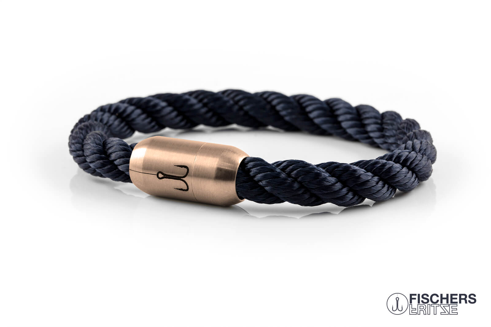 Segeltau Armband marineblau gedreht, Koenigsmakrele mit rosegold Edelstahlverschluss und Gravur von Fischers Fritze