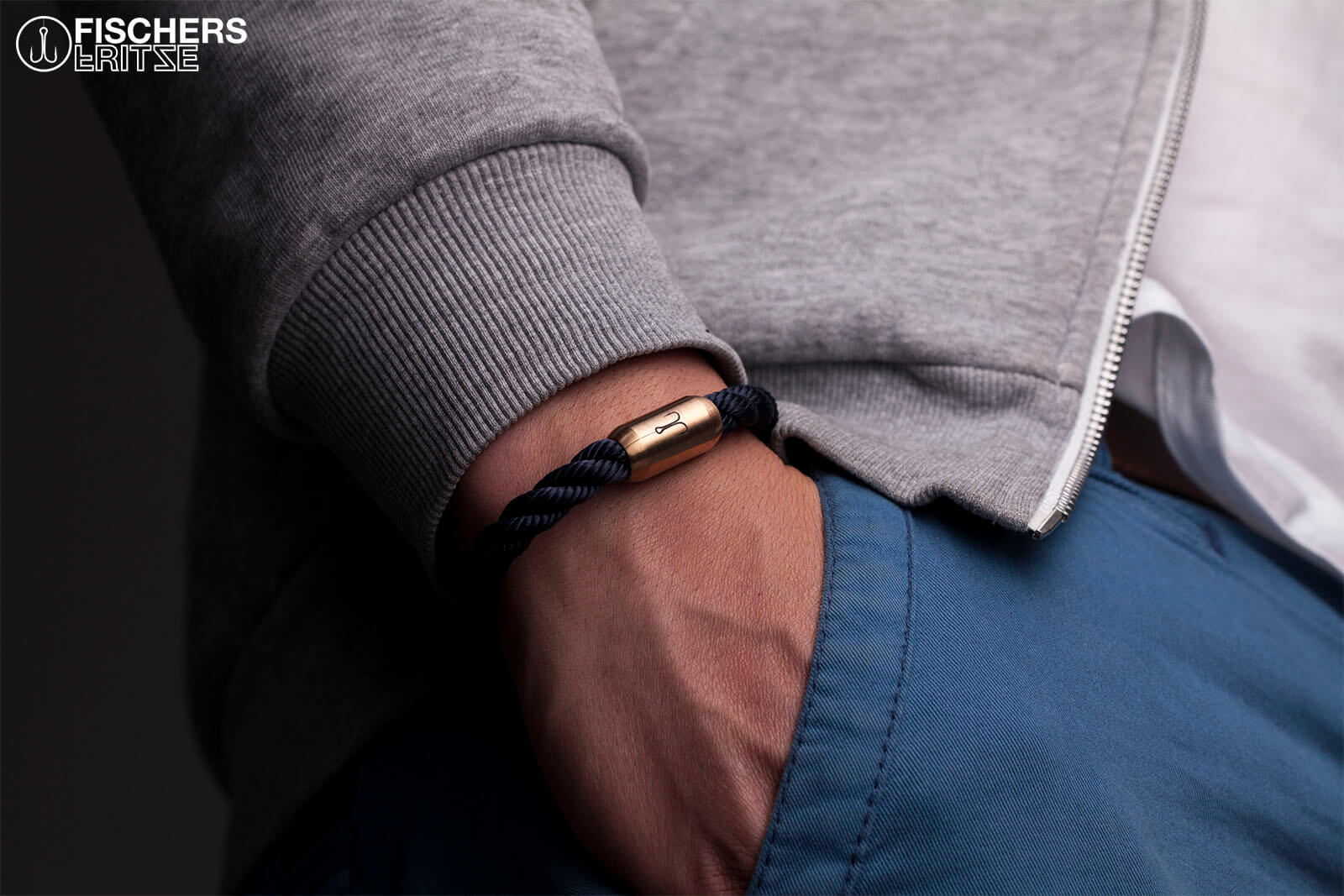 Armband Fischers Fritze Königsmakrele Segeltau gedreht marineblau Edelstahl Gravur