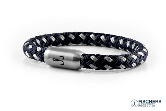 Maritimes Armband von Fischers Fritze aus Seglertau, marineblau silbergrau, Edelstahl Gravur