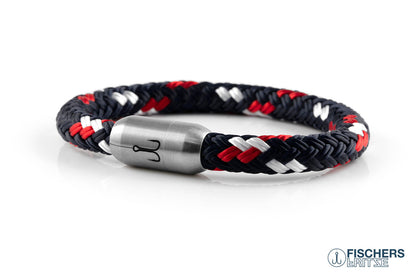 Geschlossenes Armband Fischers Fritze Makrele Oskar marineblau rot weiss, Edelstahlverschluss Gravur