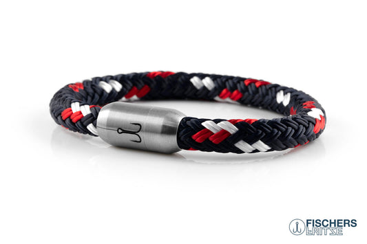 Geschlossenes Armband Fischers Fritze Makrele Oskar marineblau rot weiss, Edelstahlverschluss Gravur