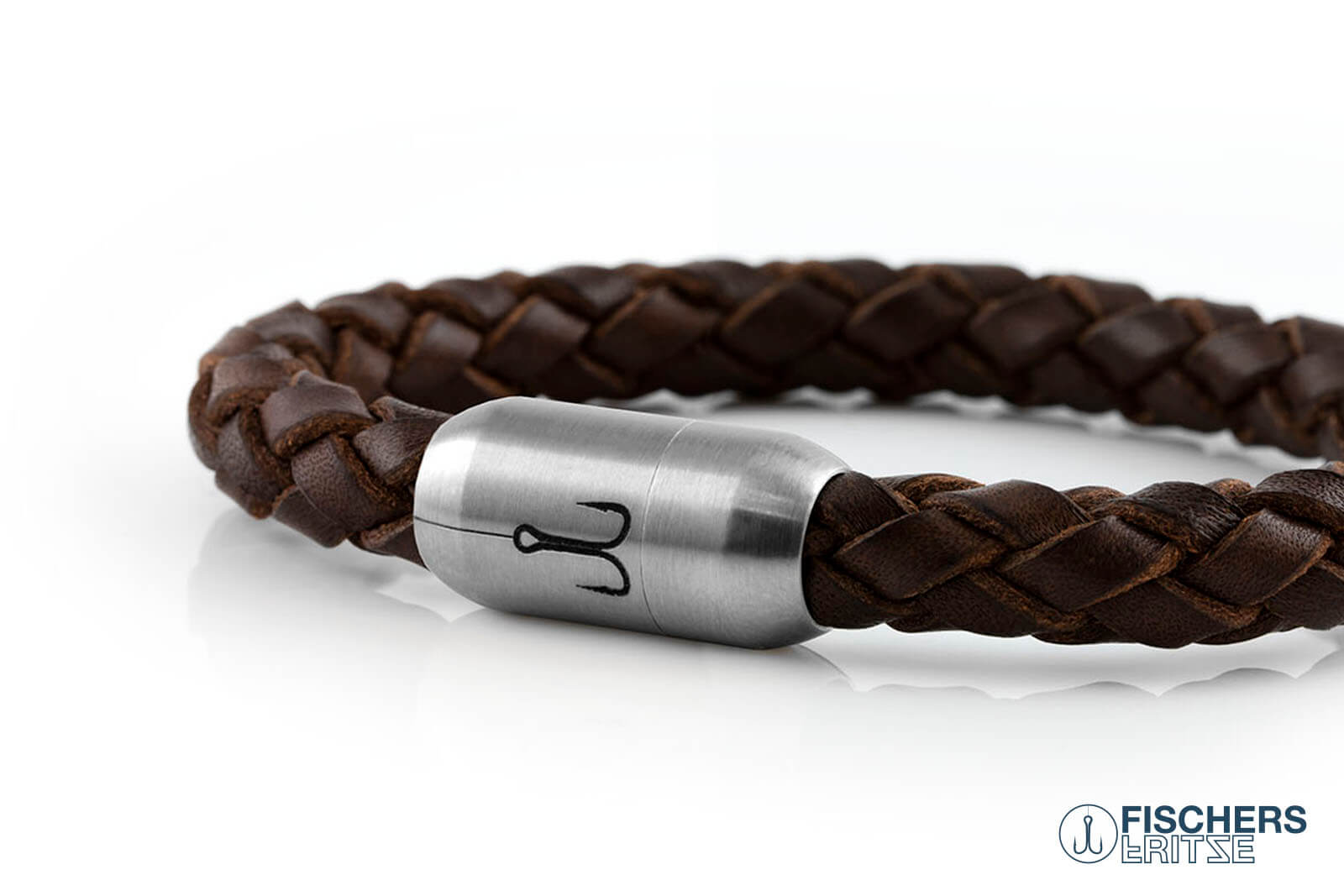 Armband Fischers Fritze Makrele Leder geflochten braun, Gravur Edelstahlverschluss
