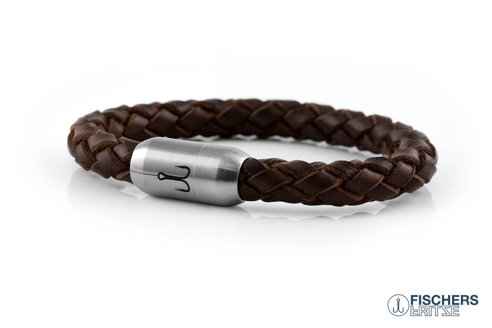 Lederarmband braun geflochten, mit Edelstahlgravur auf Magnetverschluss von Fischers Fritze