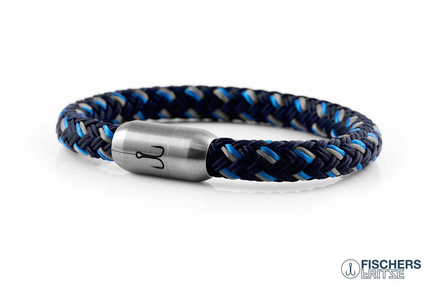 Armband Fischers Fritze Makrele Segeltau marineblau stahlblau silbergrau, Haken Gravur