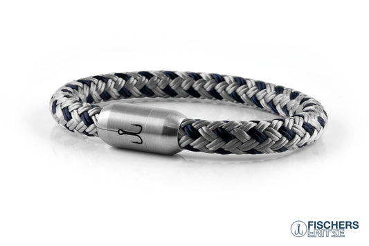Maritimes Armband von Fischers Fritze, Makrele aus Segeltau silbergrau marineblau, mit Edelstahl-Gravur