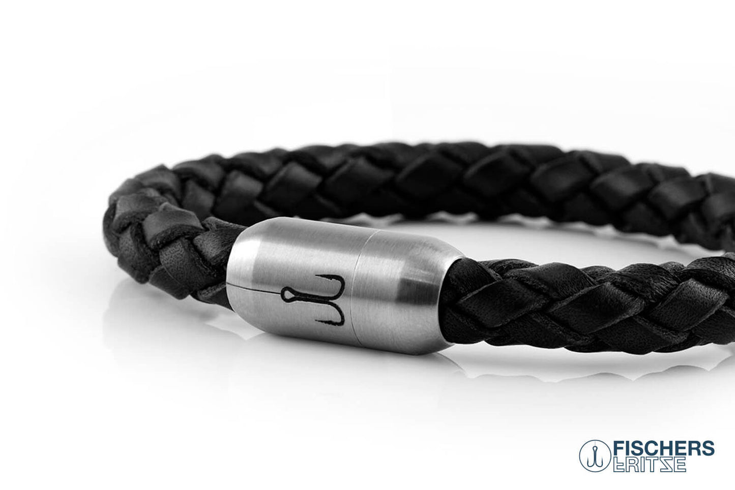Armband Fischers Fritze Makrele Leder geflochten schwarz, Gravur Edelstahlverschluss