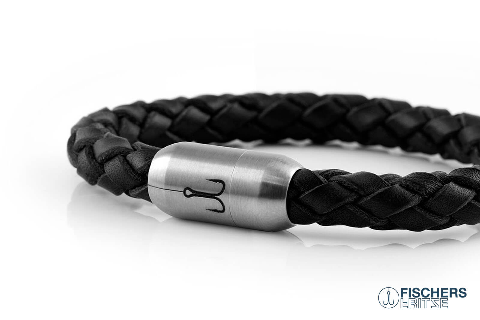 Armband Fischers Fritze Makrele Leder geflochten schwarz, Gravur Edelstahlverschluss