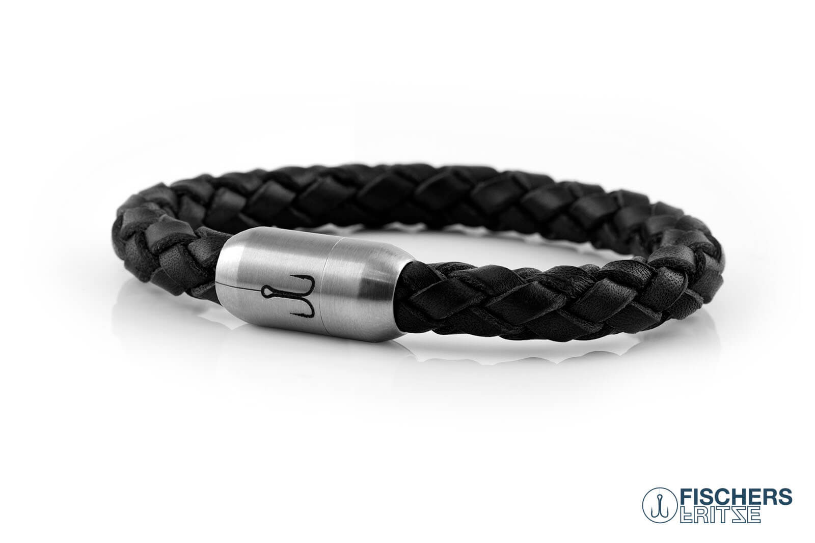 Lederarmband schwarz geflochten, mit Edelstahlgravur auf Magnetverschluss von Fischers Fritze