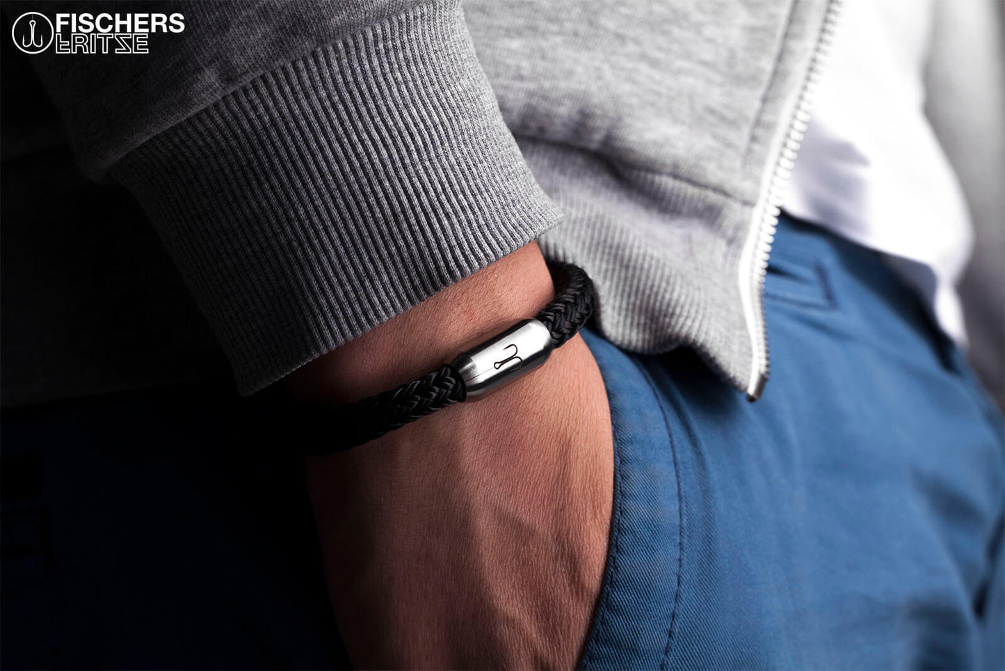 Armband Fischers Fritze Makrele Segeltau Edelstahl Gravur schwarz