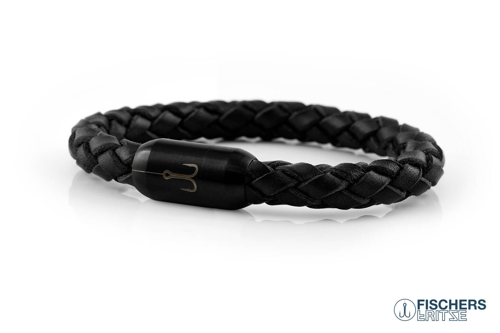 Lederarmband schwarz geflochten, Torpedomakrele mit schwarzem Magnetverschluss mit Angelhaken Gravur