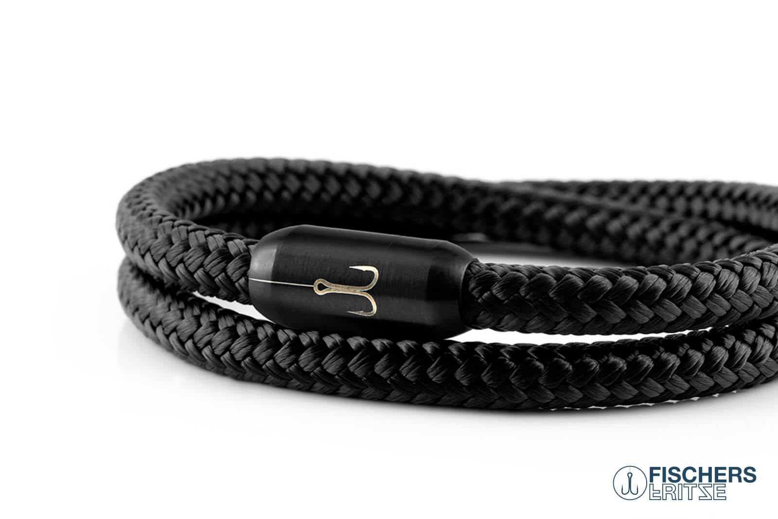 Wickelarmband Fischers Fritze, Torpedogarnele Segeltau schwarz, Gravur Edelstahl-Magnetverschluss schwarz