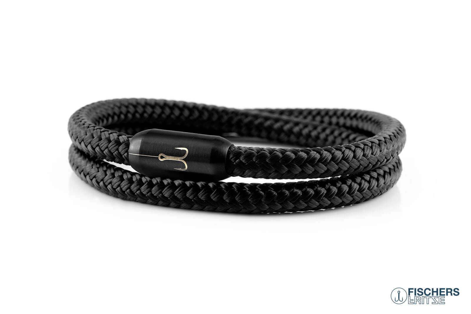Wickelarmband Fischers Fritze, Torpedogarnele Segeltau schwarz, Gravur Edelstahl-Magnetverschluss schwarz
