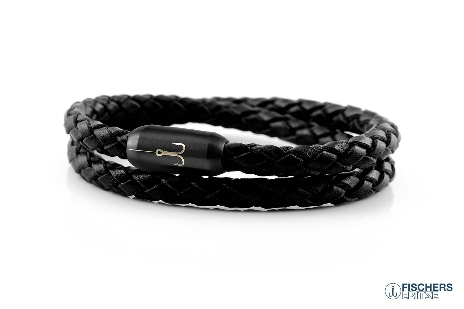 Armband Fischers Fritze Torpedogarnele Leder schwarz geflochten Gravur