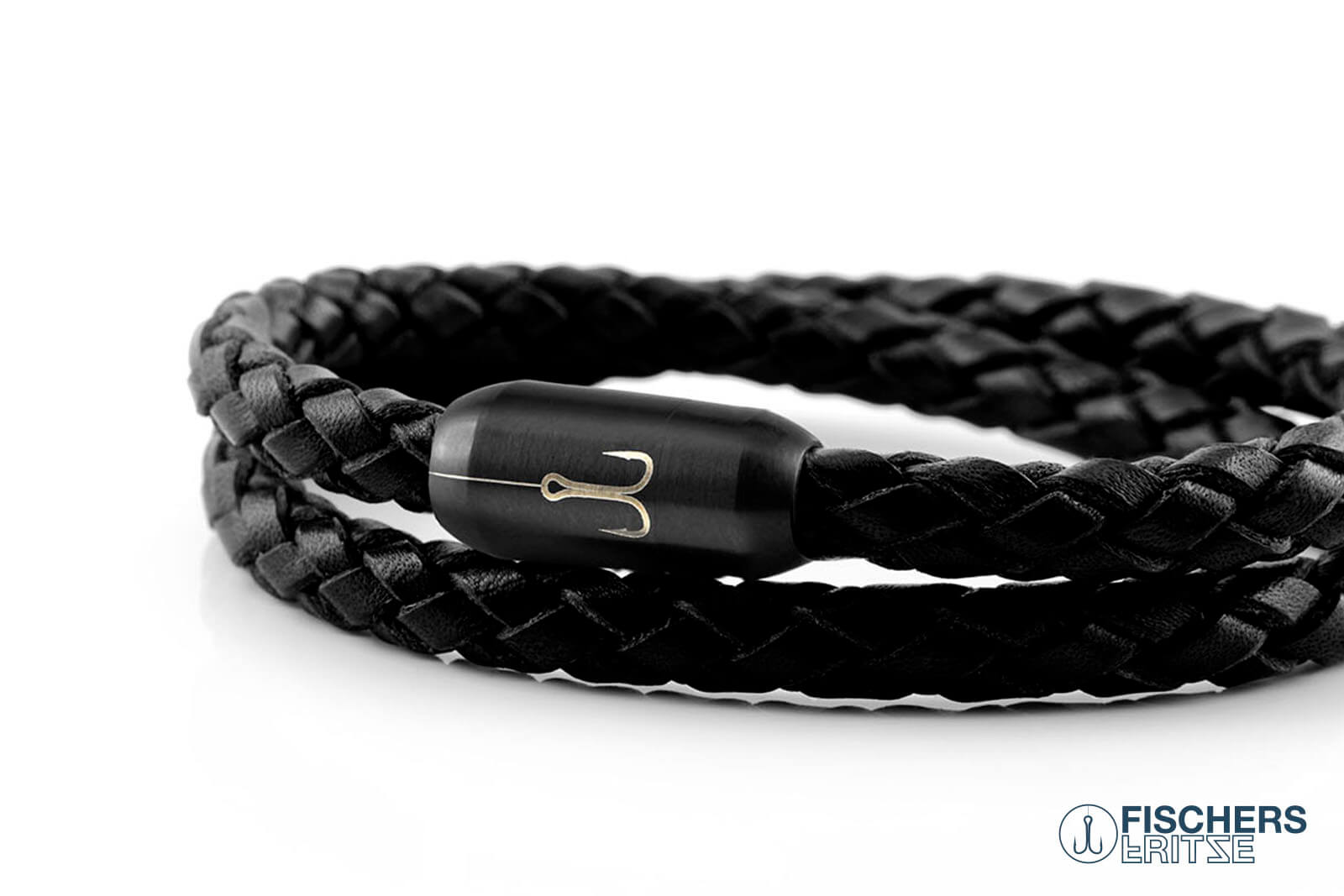 Armband Fischers Fritze Torpedogarnele schwarz Leder Gravur geflochten