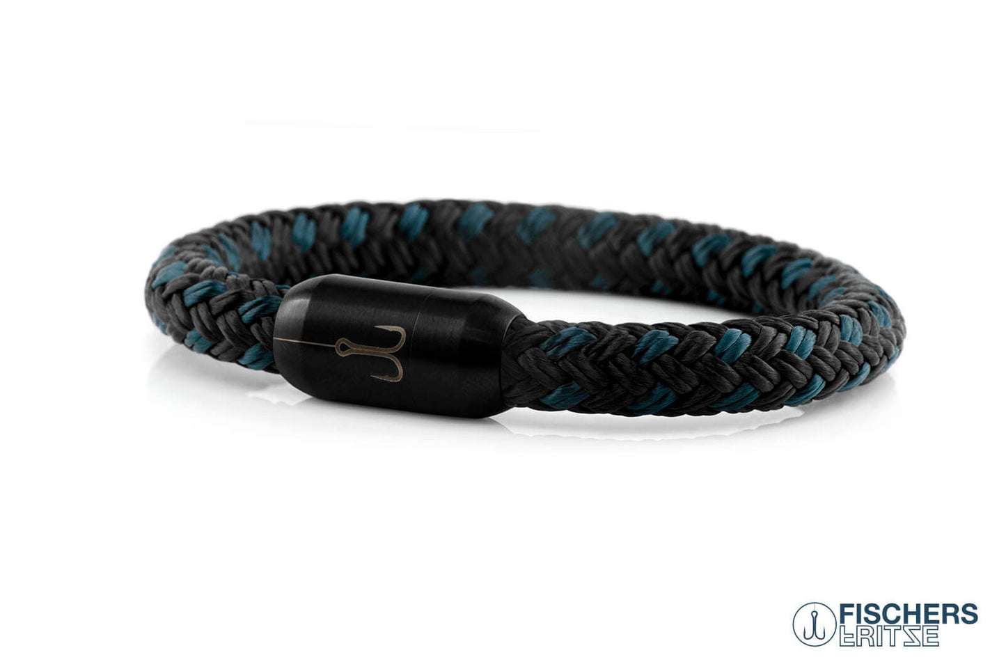 Armband Fischers Fritze Torpedomakrele aus Segeltau petrol schwarz, bestaendige Edelstahl Gravur