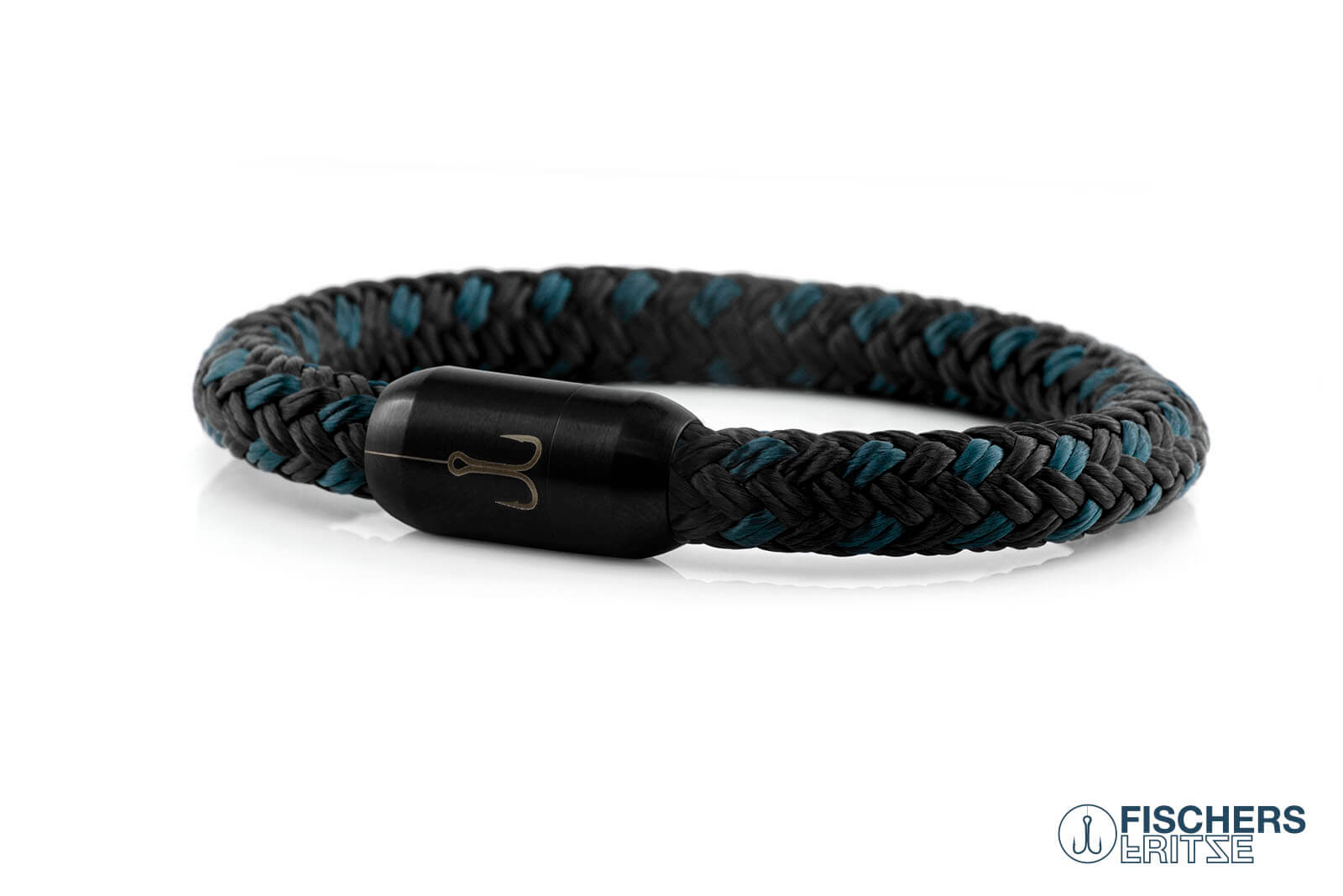 Armband Fischers Fritze Torpedomakrele aus Segeltau petrol schwarz, bestaendige Edelstahl Gravur