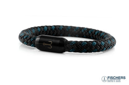 Armband Fischers Fritze Torpedomakrele aus Segeltau petrol schwarz, bestaendige Edelstahl Gravur