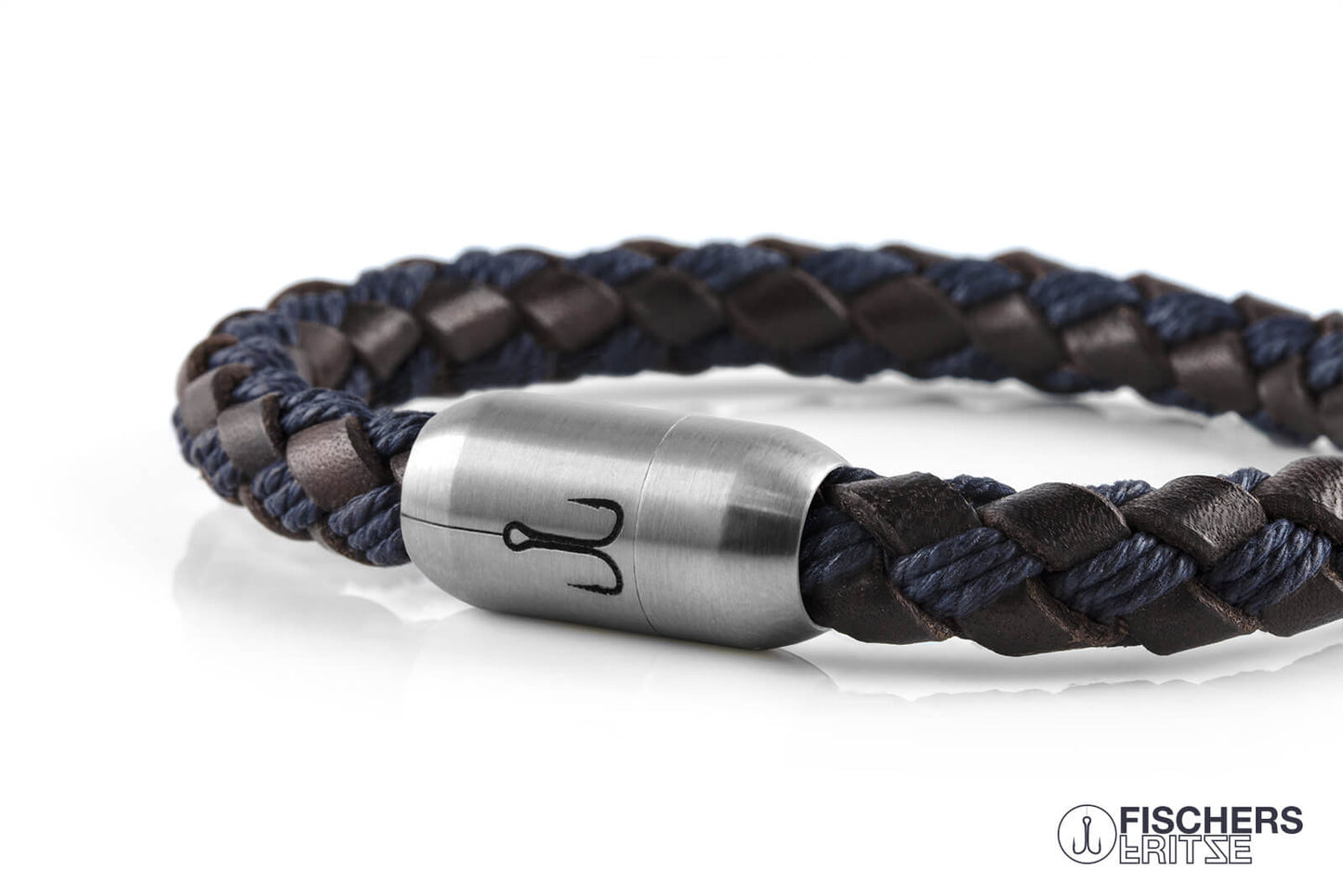 armband fischers fritze makrele marineblau braun bauwolle leder geflochten edelstahl maritim