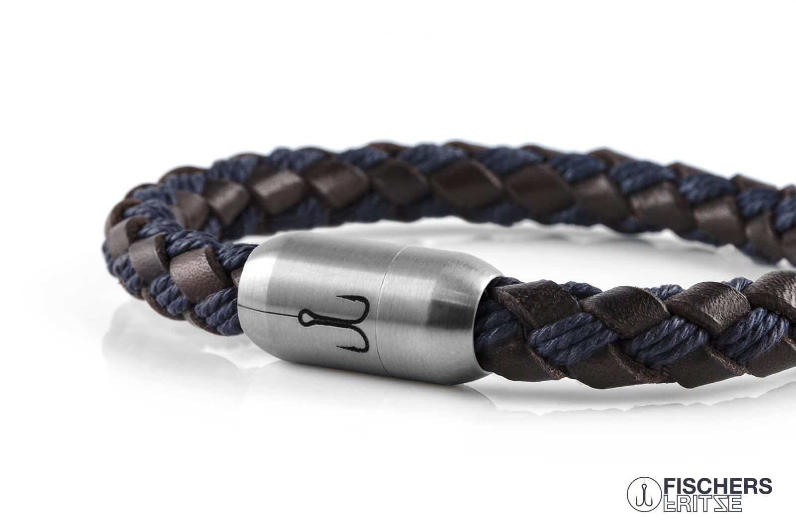 armband fischers fritze makrele marineblau braun bauwolle leder geflochten edelstahl maritim